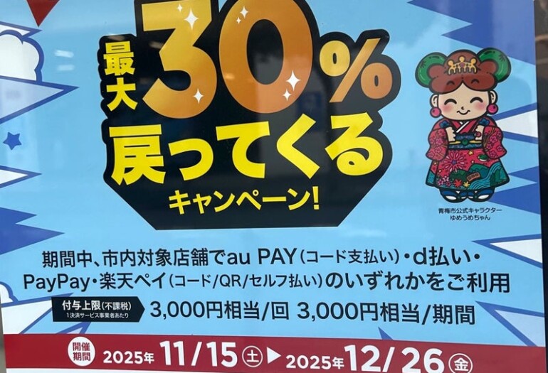 本日より『キャッシュレスで最大３０%戻るキャンペーン』始まります！